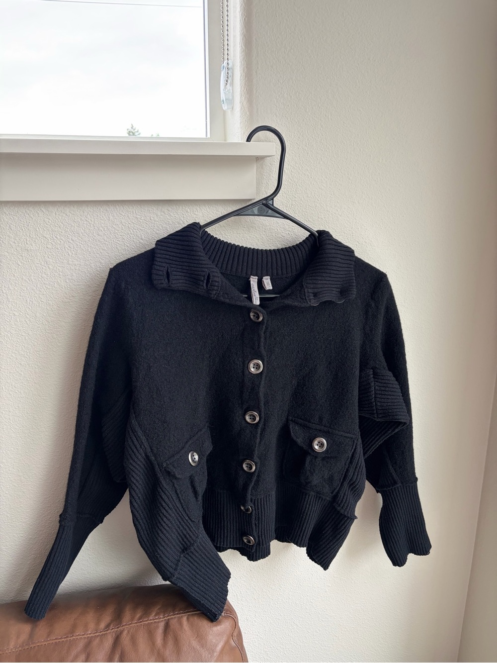 Black Wool Button-Front Ribbed Collar Cardigan Sweater